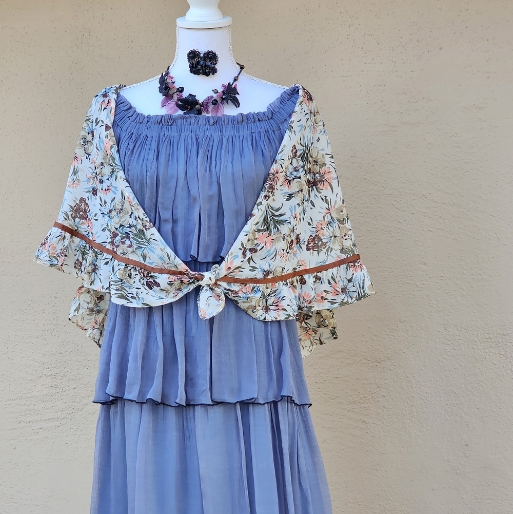Sheer Floral Shawl w/ a Ribbon and Ruffle Hem